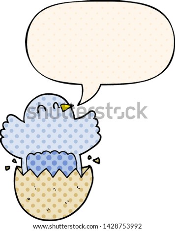 cartoon hatching chicken with speech bubble in comic book style