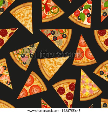 Seamless pattern with slices of pizza on black background. Pizza menu. For packaging, advertisements, menu. Vector illustration. Realistic.