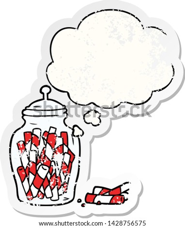 cartoon jar of candy with thought bubble as a distressed worn sticker