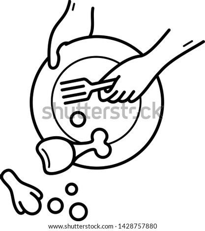 Food waste icon in outline style. The hand holds a plate and removes food with a fork Royalty-Free Stock Photo #1428757880