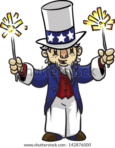Cute Uncle Sam with sparklers - Vector clip art illustration on white background