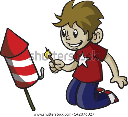 Cute boy lighting fireworks - Vector clip art illustration on white background