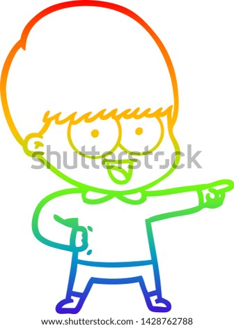 rainbow gradient line drawing of a happy cartoon boy pointing