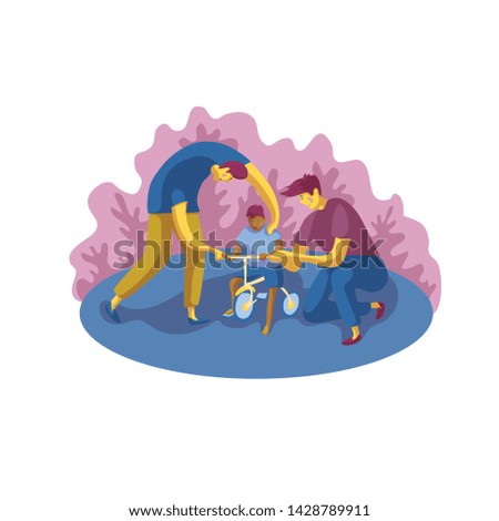 gay couple teaches a child to ride a bike. Two fathers and their child. vector illustration