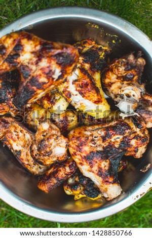 Close up picture of delicious outside grilled bbq chicken Brest, Grilled meat, fresh home made marinade, grilled on open flame grill. Healthy food for healthy mind.