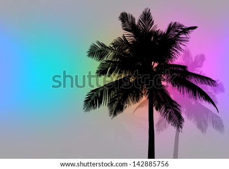Palm Trees Sunset Retro - Tropical coconut palm tree silhouettes illustration.