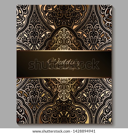 Wedding invitation card with gold shiny eastern and baroque rich foliage. Royal bronze Ornate islamic background for your design. Islam, Arabic, Indian, Dubai