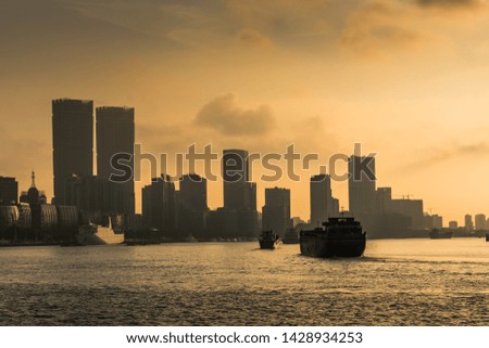 Long Exposure Skyline of Lujiazui Area in Shanghai City Before Sunset in Summer