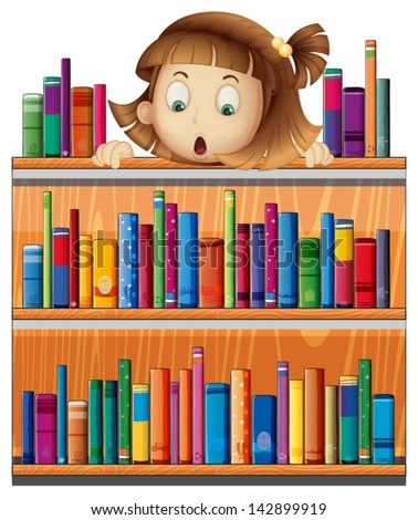 Illustration of a shocked face of a girl at the back of a wooden shelves with books on a white background