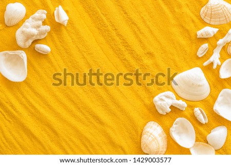 shells and seaside background for blog or desktop on yellow sand top view mockup