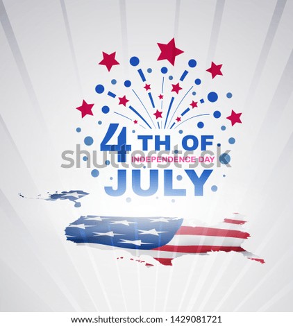 Patriotic holiday design. USA celebration on July 4th. Firework with an inscription above the map of the USA textured American flag