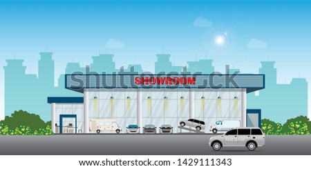 Modern car dealership centre showroom building includes cars on the display and test drive car, automobile showroom exterior vector illustration. Royalty-Free Stock Photo #1429111343