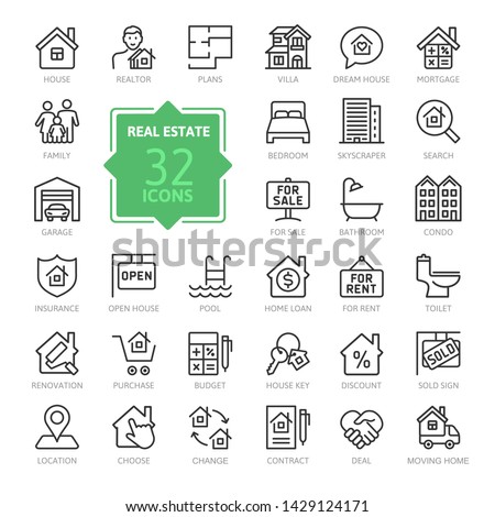 Real Estate minimal thin line web icon set. Included the icons as realty, property, mortgage, home loan and more. Outline icons collection. Simple vector illustration. Royalty-Free Stock Photo #1429124171