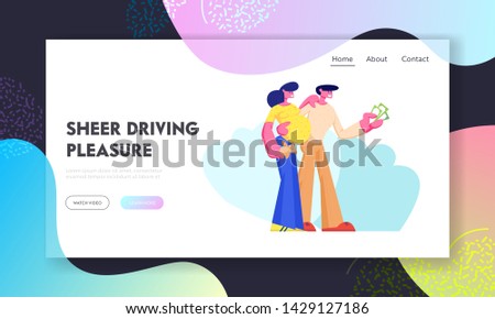 Customers Buying Automobile Holding Money in Hands. Young Couple Man and Pregnant Woman Characters Buy New Car, Happy Purchase, Website Landing Page, Web Page. Cartoon Flat Vector Illustration, Banner