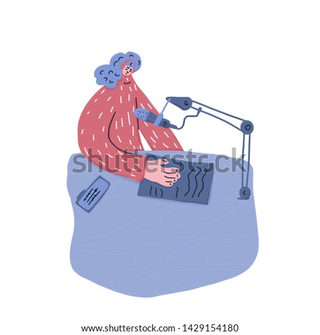 Blogger. Young woman working on laptop. Podcaster girl. Vector flat illustration.