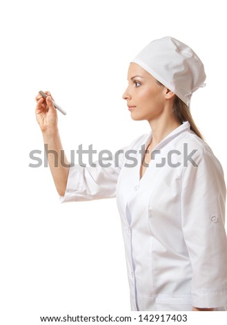 Doctor writing something with marker on glass, isolated o? white