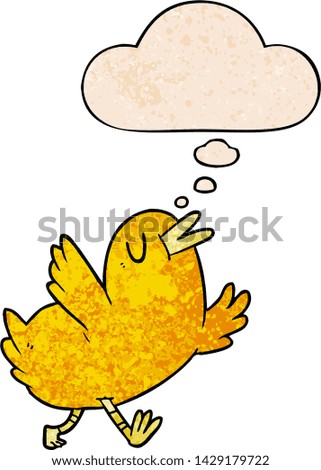 cartoon happy bird with thought bubble in grunge texture style