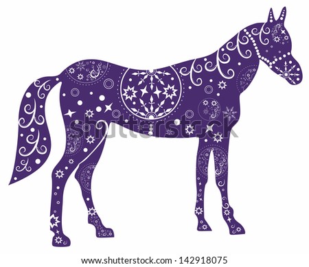 Painted blue horse.Illustration with decorative pattern