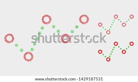 Dot and mosaic dotted trend chart icons. Vector icon of dotted trend chart organized of random spheric items. Other pictogram is designed from square pixels.