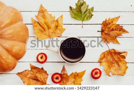 Cup of coffee and pumpkin with leafs on white wooden table