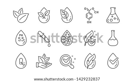 No artificial colors, organic leaf line icons. Dermatologically tested, Paraben chemical formula icons. Hypoallergenic tested, Neutral ph. Linear set. Vector