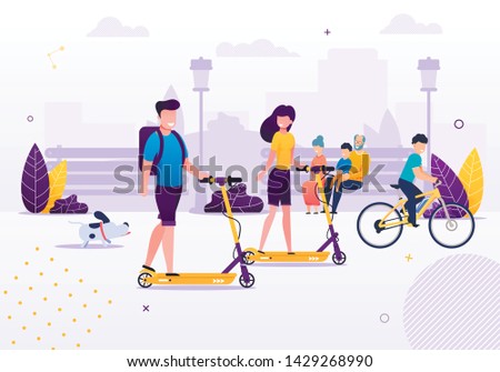 Cartoon Couple Riding Scooters in Park or Green Area with Dog Boy Riding Bike Vector Illustration. Girl and Boy Spending Free Time Together. Urban Life. Cityscape. Granparents Sitting.