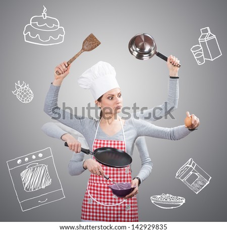 Busy housewife concept with many hands and with the drawn ingredients on grey background