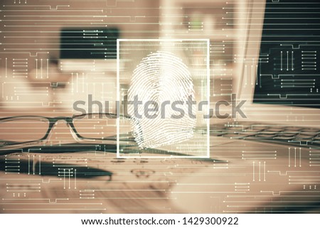 Fingerprint drawing with glasses on the table background. Concept of security. Double exposure.