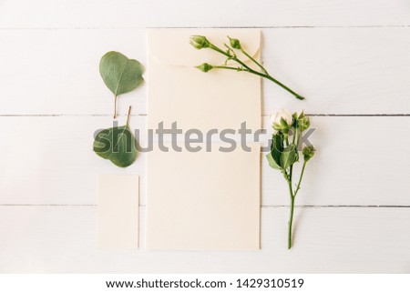 Creative and stylish mockup with green leaves and pink roses.Blank envelope and business card.Minimalist flat lay,white wooden background.Template for design.