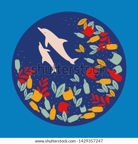 Plastic pollution ocean drawing. Zero waste lifestyle illustration. Ocean filled with plastic botlles and bags. Dolphins trying to escape. T shirt design 