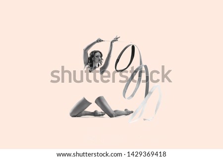 The portrait of beautiful young brunette woman gymnast training calilisthenics exercise with the ribbon. Art gymnastics concept, creative collage. Concept of healthy lifestyle, action, motion, sport.