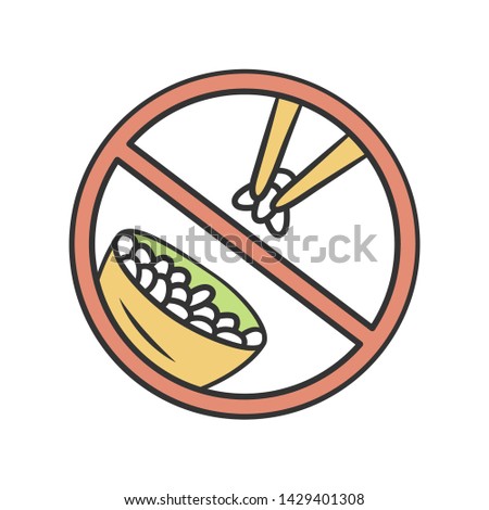 No rice diet color icon. No carbs dish label. Low calories food sticker. Weight loss and healthy eating. Asian traditional cuisine. Bowl with meal and chopsticks isolated vector illustration