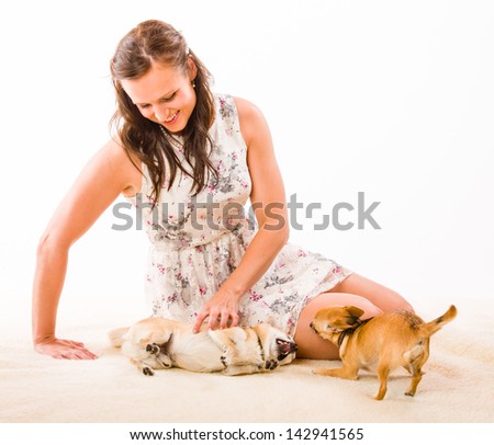 Two dogs play around, woman and white background