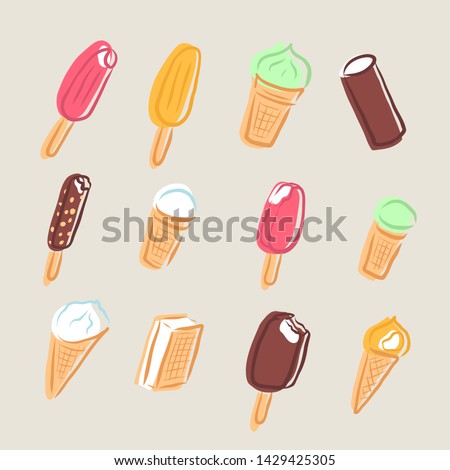 Ice cream set. Collection of 12 ice creams. Vector cartton colorful illustrations isolated.