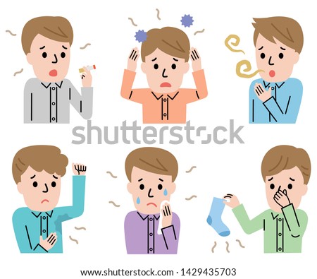 set of young man with body odor: sweat, bad breath, hair, armpits, smoke, and socks. health and hygiene concept