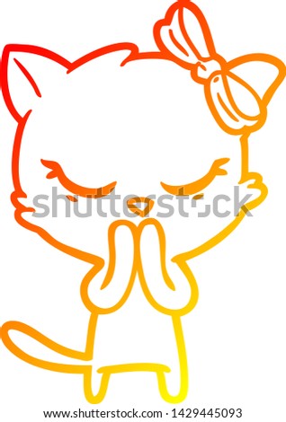 warm gradient line drawing of a cute cartoon cat with bow
