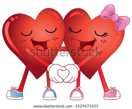 Two cartoon hearts holding hands in a heart symbol of love. Vector illustration. 