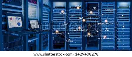 Network monitoring concept, connection monitoring services icon on data center room Royalty-Free Stock Photo #1429490270