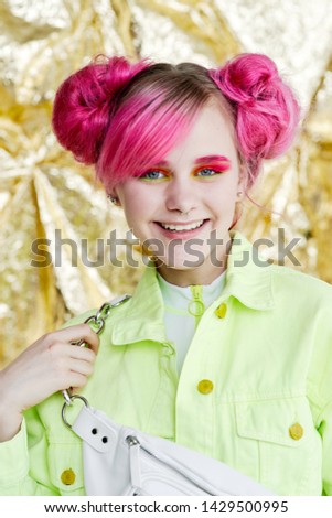 woman with pink hair makeup smile portrait