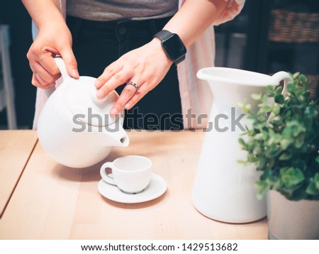 woman power with owner business and hobby lifestyle concept from beauty hand hold white jar and cup for serve coffee or hot drink in restaurant with copy space