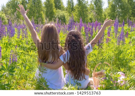 Friendship Day. Two charming young girls with long hair sit hugging, hands raised up on the field with flowers. Girlfriends The concept of summer and freedom. Picture taken from behind.