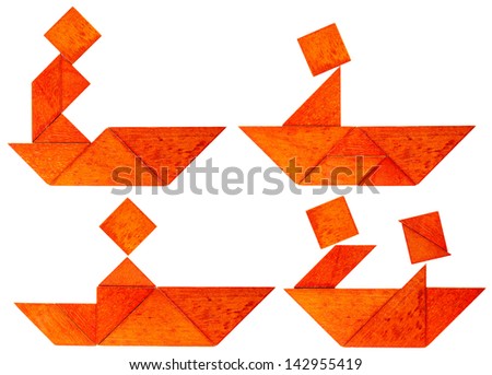four abstract pictures of a fisherman, paddler or rower in a boat built from seven tangram wooden pieces, a traditional Chinese puzzle game