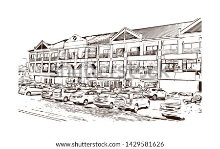 Building view with landmark of Bandar Seri Begawan is the capital of Brunei, a tiny nation on the island of Borneo. Hand drawn sketch illustration in vector.