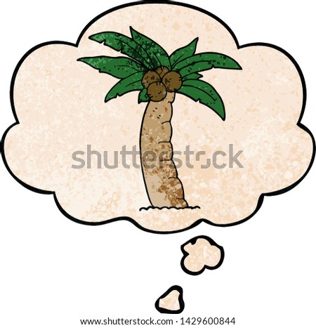 cartoon palm tree with thought bubble in grunge texture style