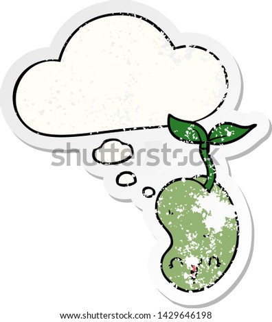 cute cartoon seed sprouting with thought bubble as a distressed worn sticker