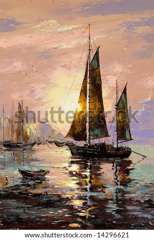 Landscape with sailing boats on the sea