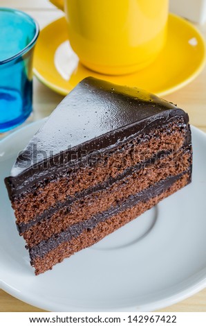 Chocolate cake on white dish