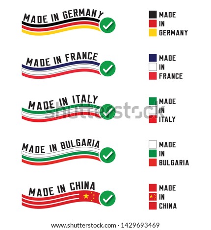 Set of "Made in" concept with barcode and the national flags. Vector illustration.