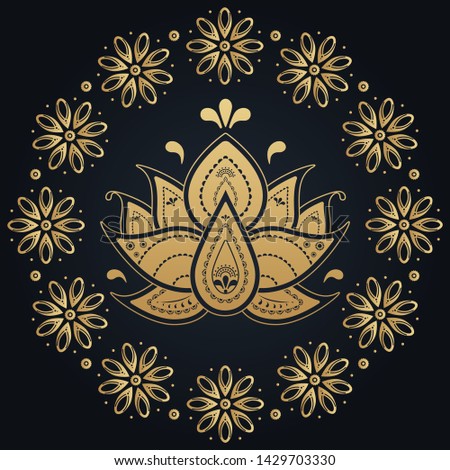 Golden flower lotus mandala on dark background. Vector folk and boho print design