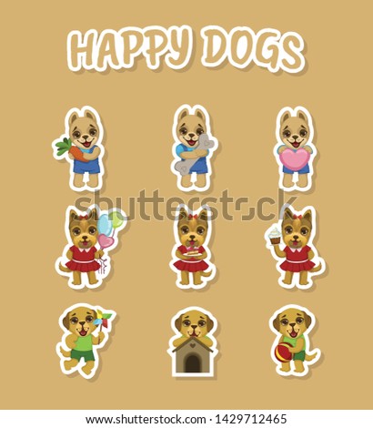 Happy Dogs Cute Stickers Set, Cute Pets Animals Characters of Different Breeds Vector Illustration